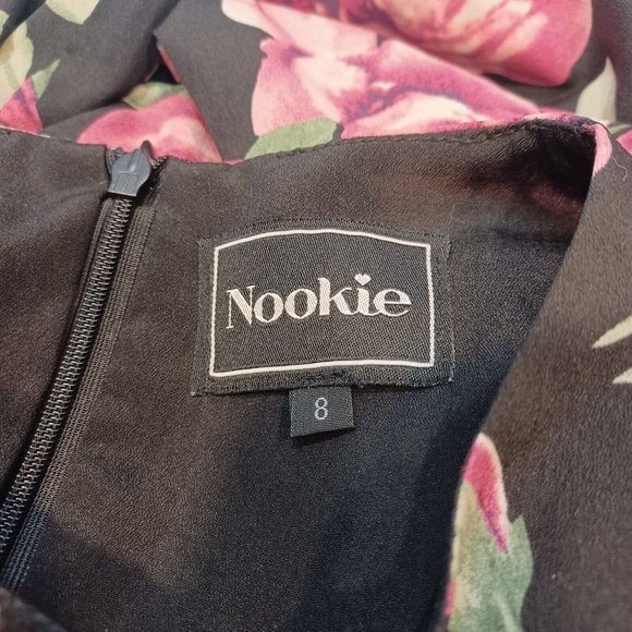 NOOKIE WMNS Sz 4 Neon Pink Accent Rose Floral High Neck Sheath Mini Dress, Lined - Picture 10 of 12